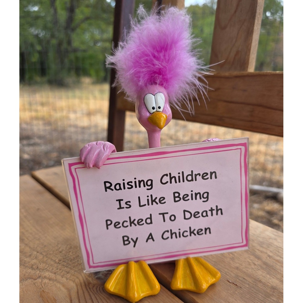 Funny Pink Bird Figurine Raising Children Pecked to Death Chicken Sign Holder
